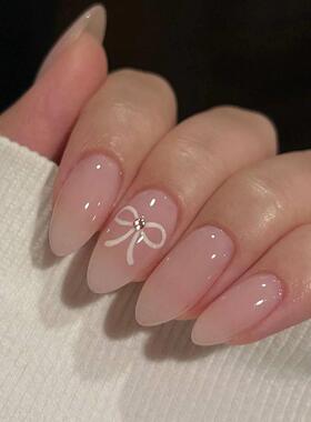 24Pcs Almond Press on Fake Nails Long French False Nails wit