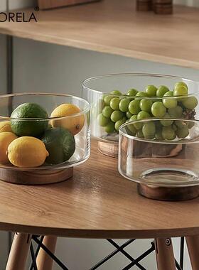 Glass Fruit Bowl Creative Large Salad Bowl Wood Base Snacks