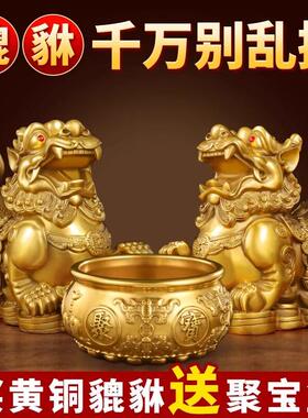 铜貔貅招财摆件一对公母纯黄铜旺财皮丘貔犰客厅店铺办公室聚宝盆