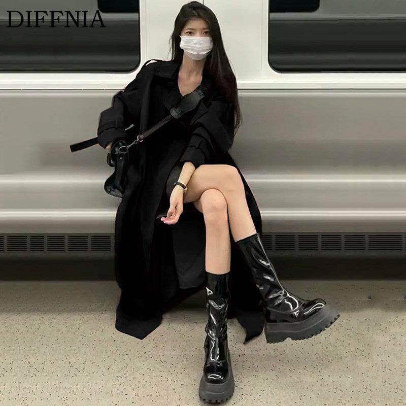 DIFFNIA 黑色风衣外套女春秋款中长版高级感英伦风休闲小个子大衣