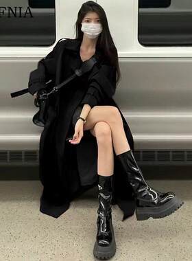 DIFFNIA 黑色风衣外套女春秋款中长版高级感英伦风休闲小个子大衣