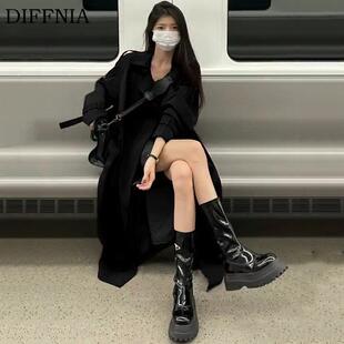 DIFFNIA 黑色风衣外套女春秋款中长版高级感英伦风休闲小个子大衣