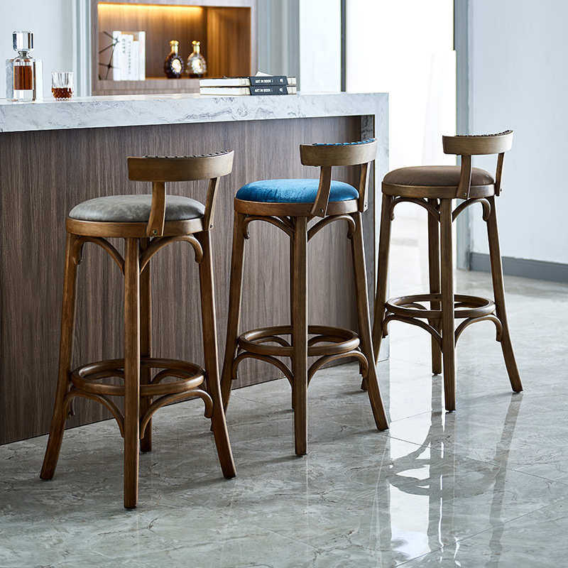 美式复古工业风吧台椅带靠背铜钉曲木圆凳前台ktv酒吧实木高脚凳