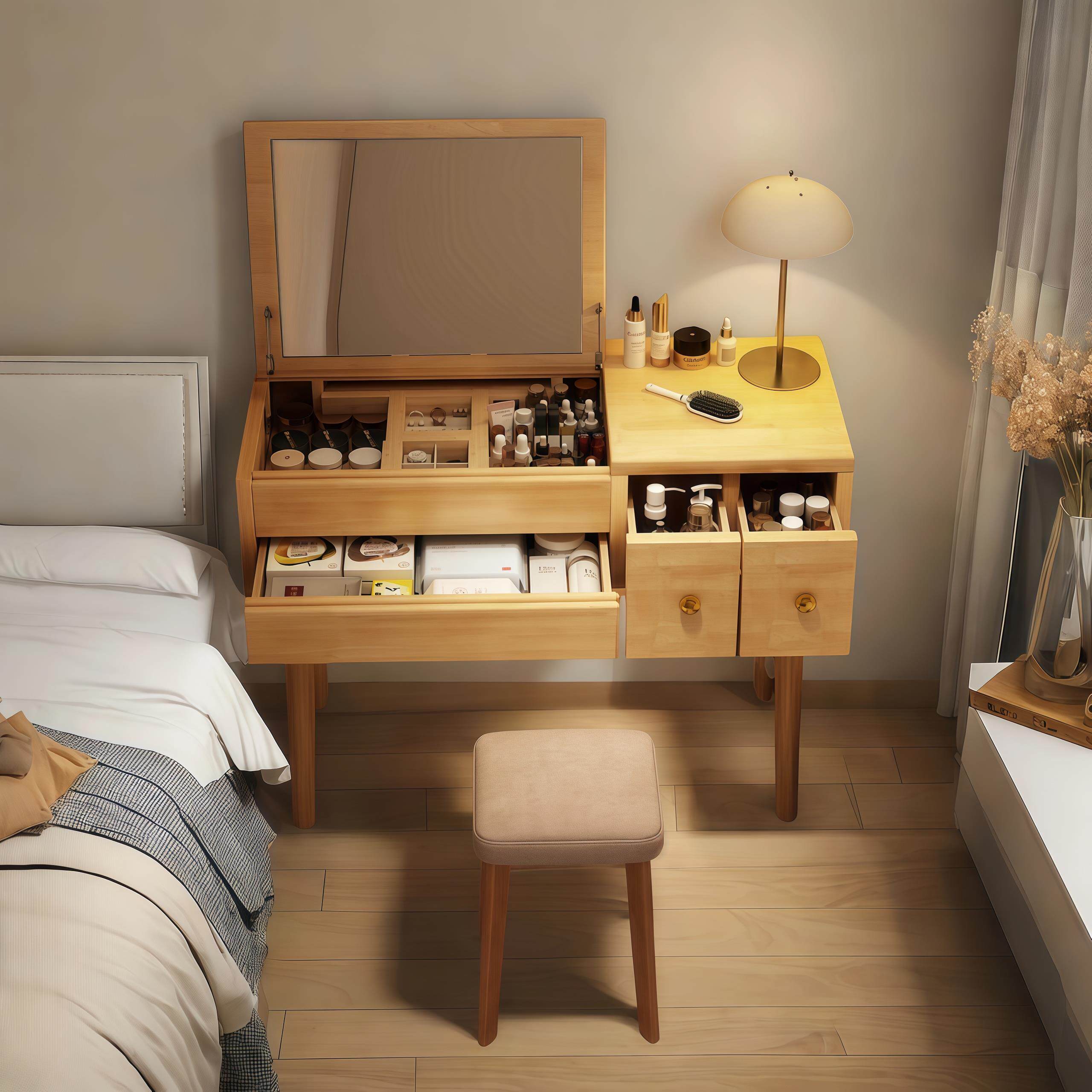 新中式翻盖梳妆台书桌一体化妆镜床头收纳柜女生主卧小户型化妆桌