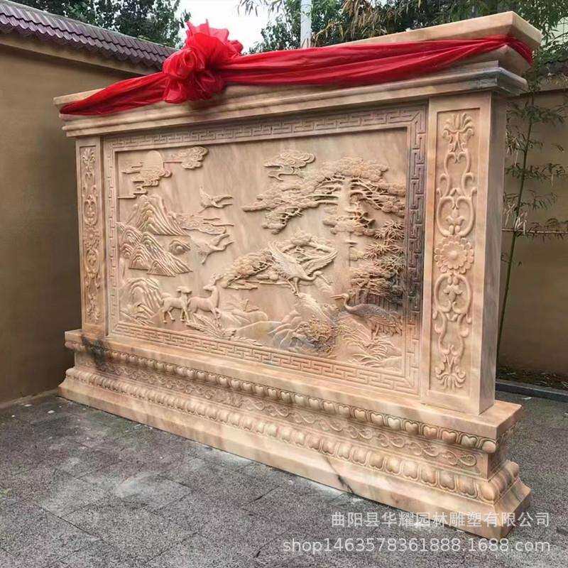石雕影壁墙别墅庭院背景石晚霞红屏风中式照壁小院迎门石壁画摆件