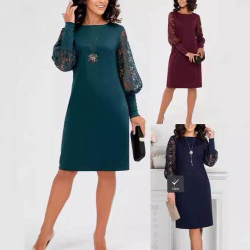 Women's dress long sleeved hollow lace sleeve patchwork