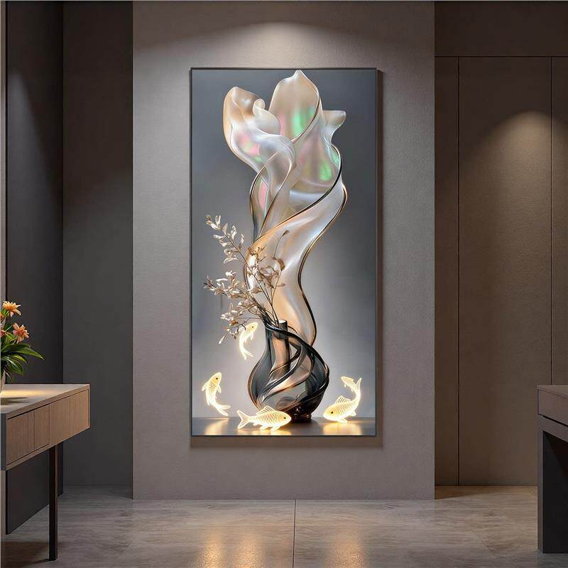 鱼跃花瓶轻奢风玄关装饰画入户正对门走廊过道挂画客厅LED灯壁画