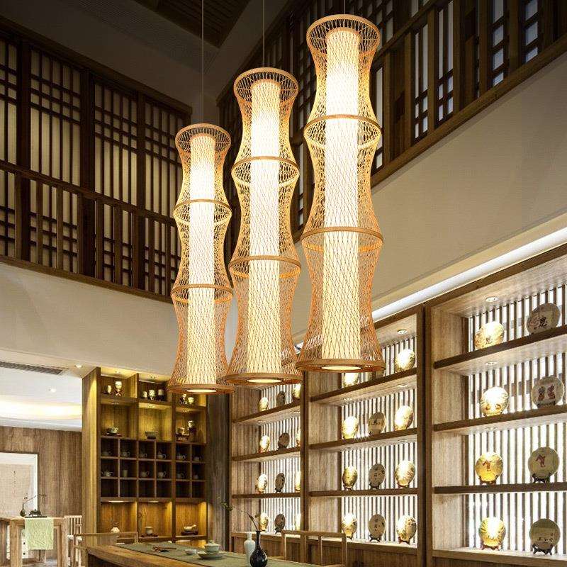 竹编吊灯复古中式饭店茶楼民宿餐厅灯个性创意藤艺长吊灯