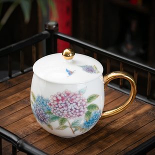 羊脂玉瓷办公杯仿手绘白瓷带盖大茶杯手工描金水杯主人杯单杯陶瓷