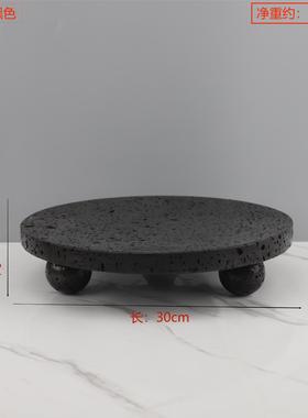 法式侘寂风大理石托盘高脚果盘黄洞石装饰盘软装会所台面家居摆件