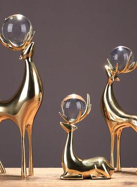 创意水晶球黄铜麋鹿摆件家居装饰品现代简约招财客厅玄关新居礼品