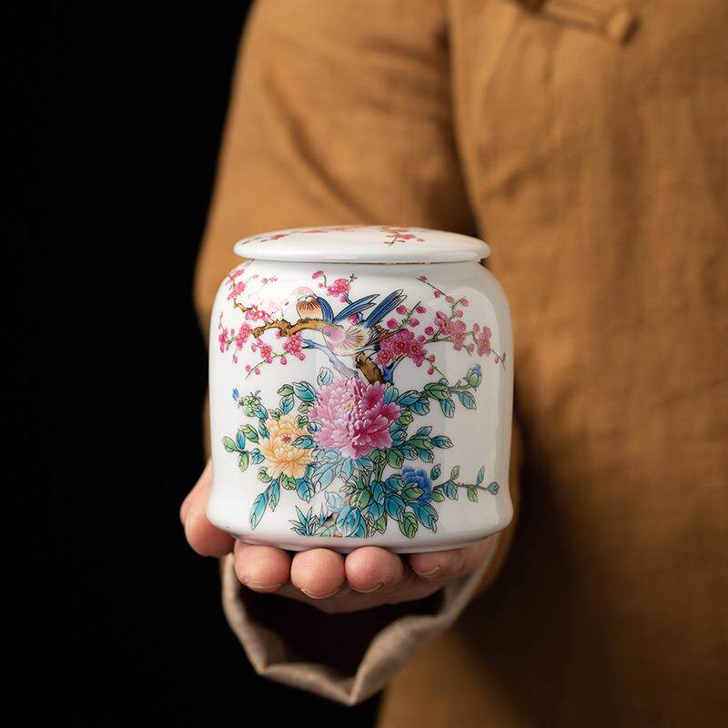 青花紫砂茶叶罐普洱铜扣密封罐储存罐茶具便携式陶瓷罐茶叶盒