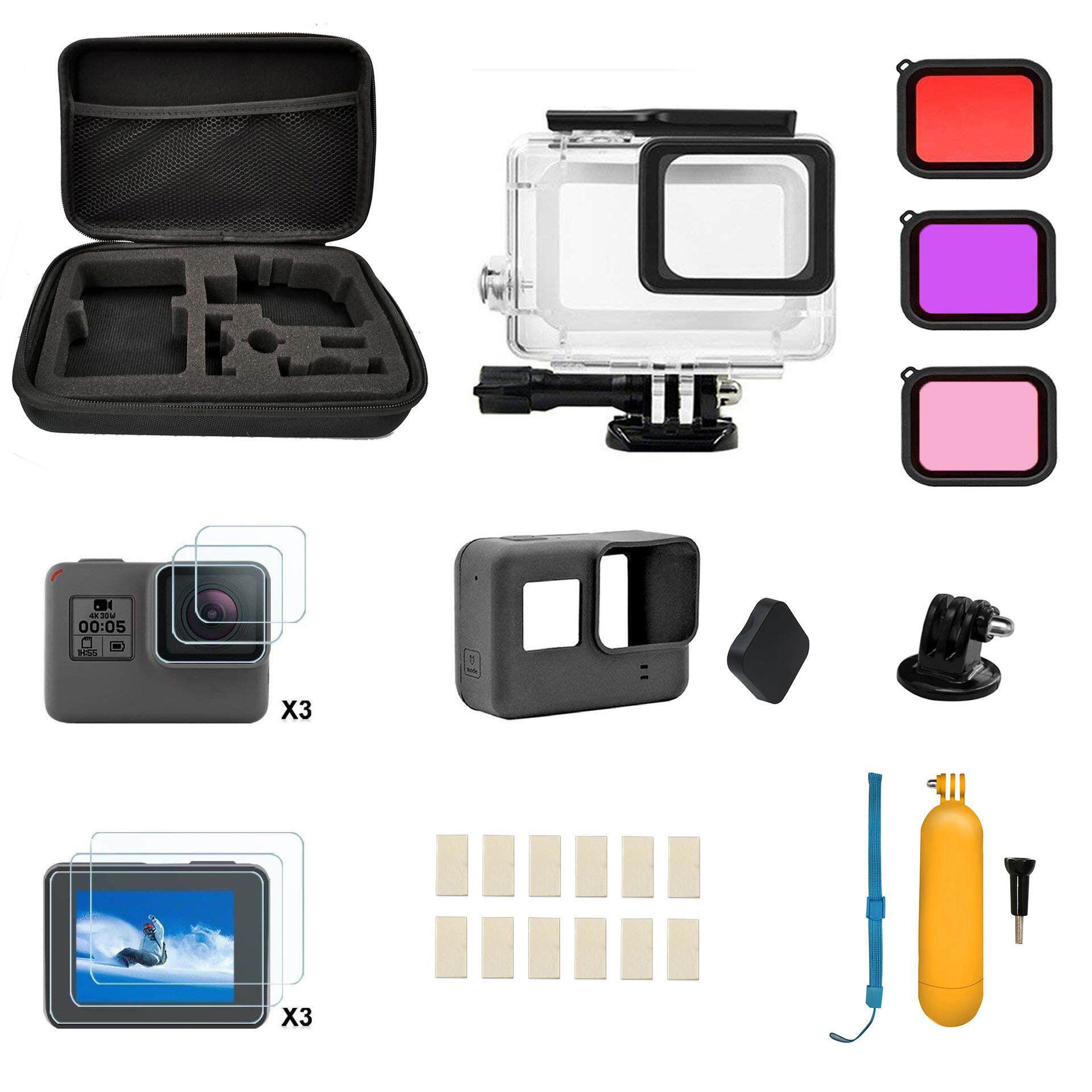 适用 gopro 5/6/7黑色版防水壳免拆镜头保护壳滤镜钢化膜套装配件
