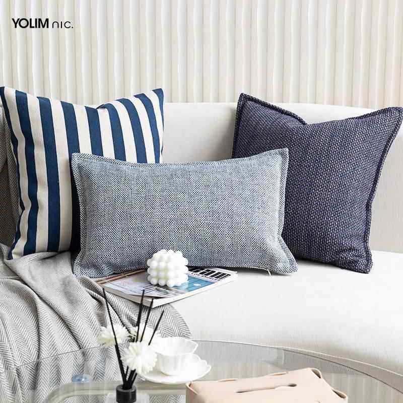 普鲁士蓝抱枕组合地中海简约蓝色条纹棉麻质感方形靠垫套舒适饱满