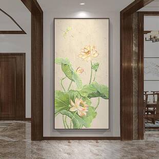 荷花玄关装饰画手绘油画壁画走廊尽头挂画新中式大芬村壁画立体感