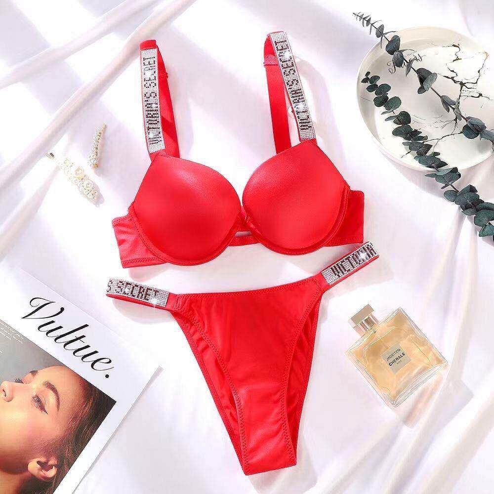 Diamond-studded Letter Strap Bra Set Push Up Underwire Bra S