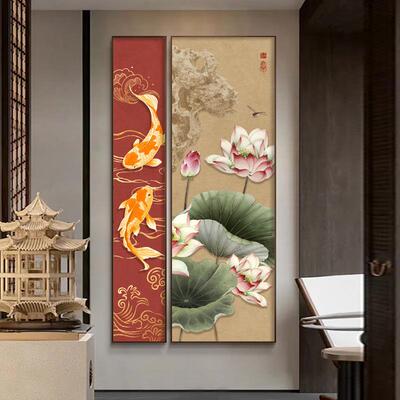 新CXV中式入过玄关装饰画花鸟鱼客厅墙面壁画竖版两联走户廊道鲤