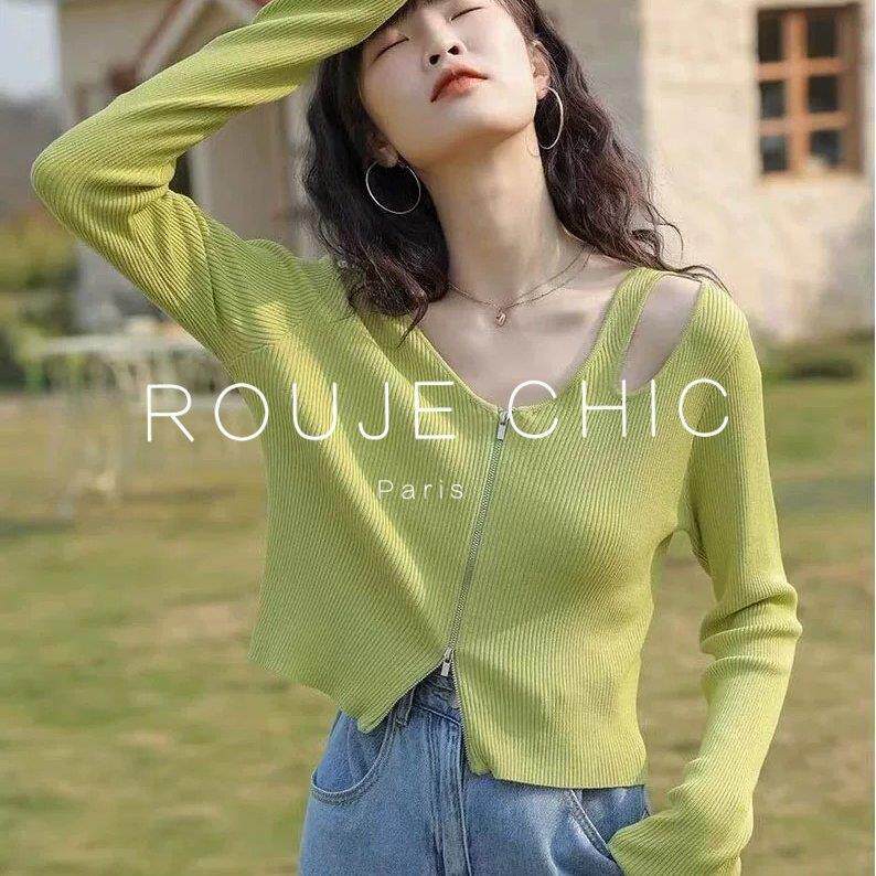 ROUJE CHIC法式不规则绿色拉链上衣女春短款v领长袖镂空针织开衫