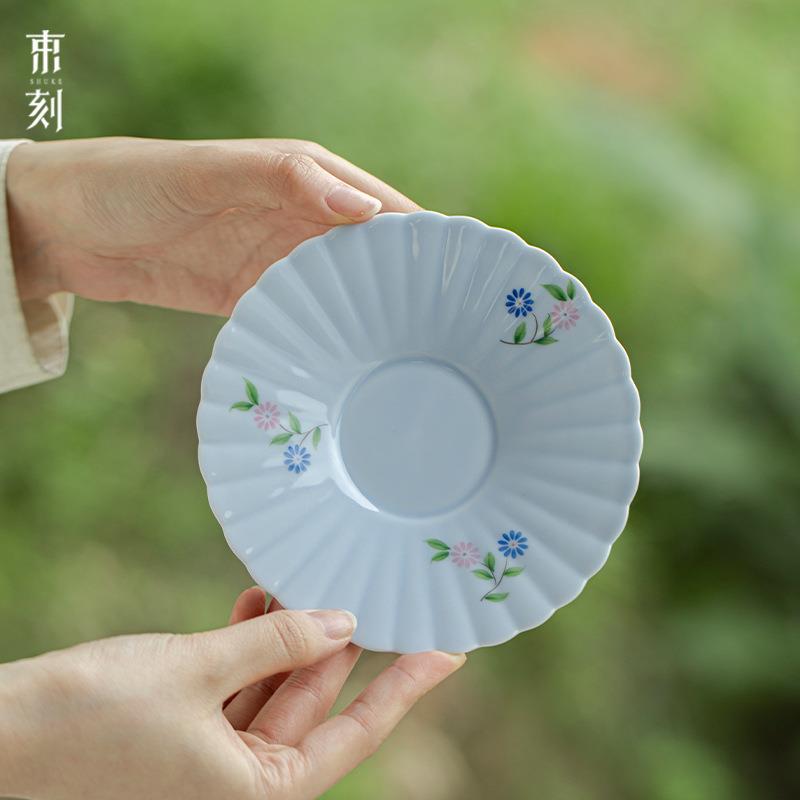束刻玉泥浅蓝手绘小雏菊花瓣壶承干泡盘茶承茶具配件圆盘点心盘