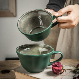 巷子尾超耐看冰裂釉早餐杯复古风墨绿色燕麦杯大号陶瓷杯子