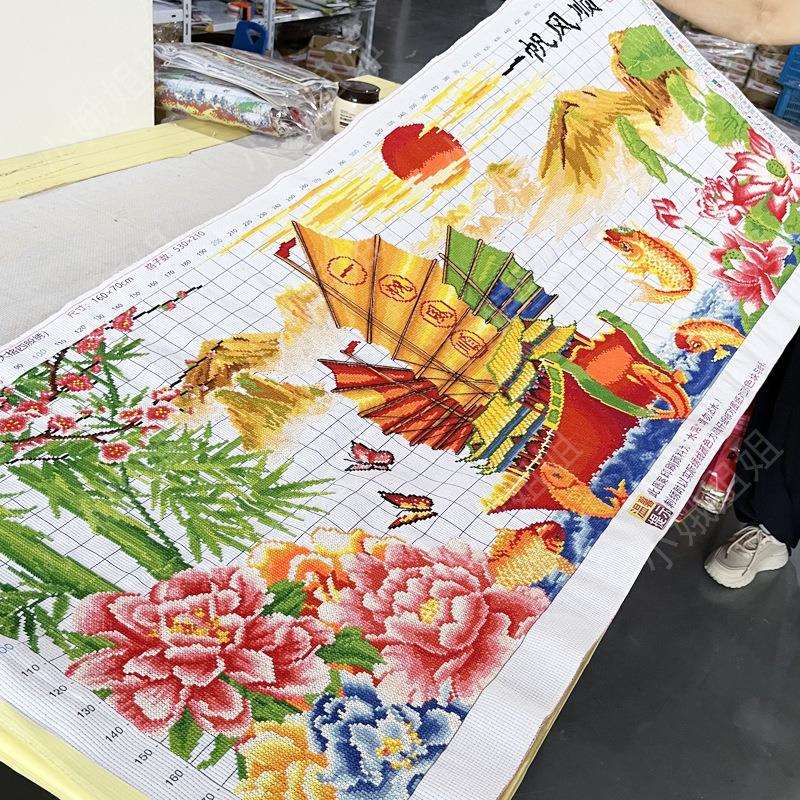 一帆风顺十字绣成品不带框纯手工已绣好2025新款客厅高端锦鲤牡丹