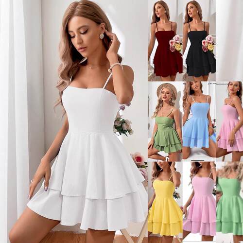 Womens Plain Ruffle Trim Cami Dress Casual Sleeveless Short