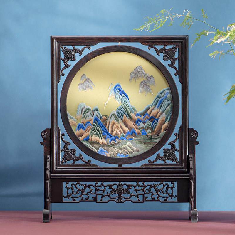 手工双面绣刺绣摆件屏风苏绣中式工艺礼品摆饰台屏客厅装饰画 画