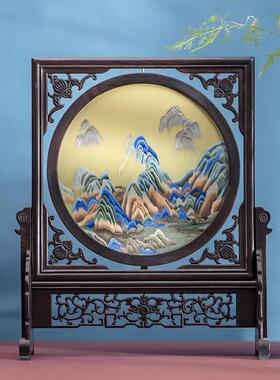 手工双面绣刺绣摆件屏风苏绣中式工艺礼品摆饰台屏客厅装饰画 画