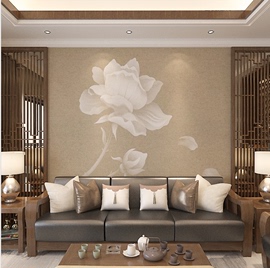新中式电视背景墙壁纸素雅白莲花茶馆壁布客厅沙发，墙纸3d立体壁画