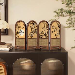 小屏风摆件中古风竹子新款桌面摆台画折叠折屏高级感电视柜装饰画