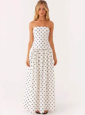 Women White Polkadot Strapless Maxi Dress Flowy Y2k Backless