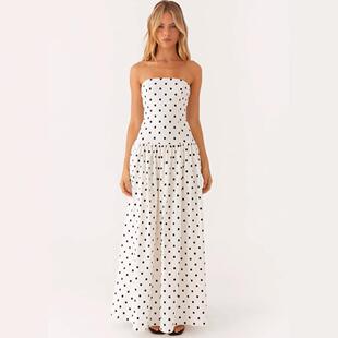 Women White Polkadot Strapless Maxi Dress Flowy Y2k Backless