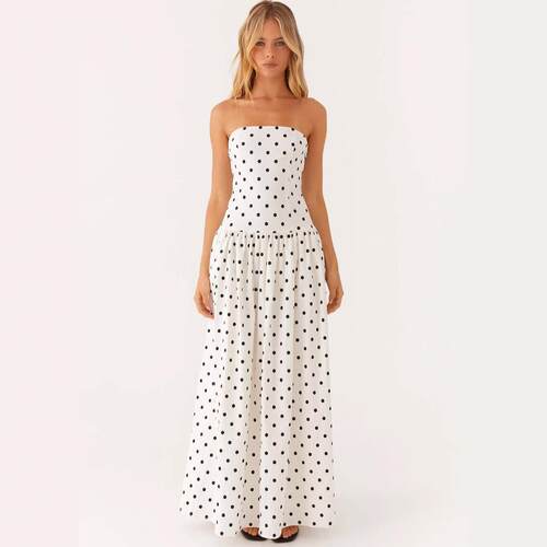 Women White Polkadot Strapless Maxi Dress Flowy Y2k Backless