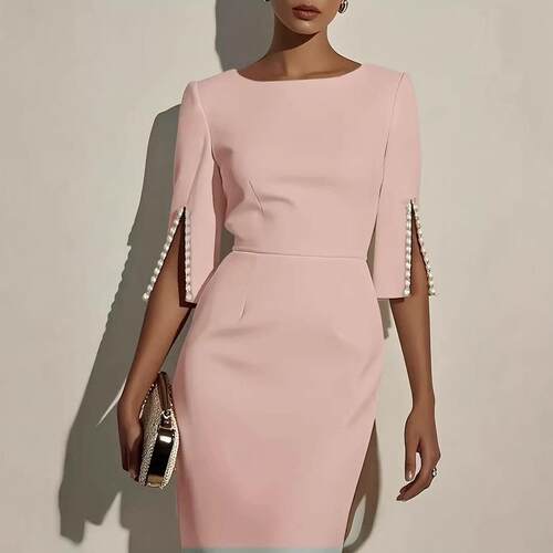 A women's camel-colored  mid-sleeve  boat-neck