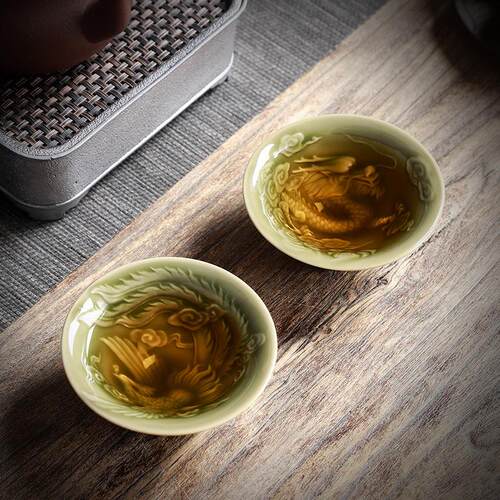 耀州青瓷茶杯仿古斗笠杯柴烧越窑品茗杯龙凤呈祥浮雕杯主人杯茶盏