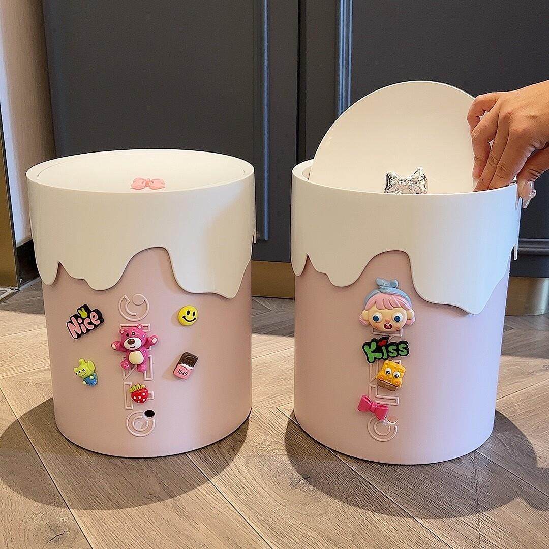 创意家用垃圾桶高颜值带盖子卡通可爱客厅卧室大容量圆筒摇盖收纳