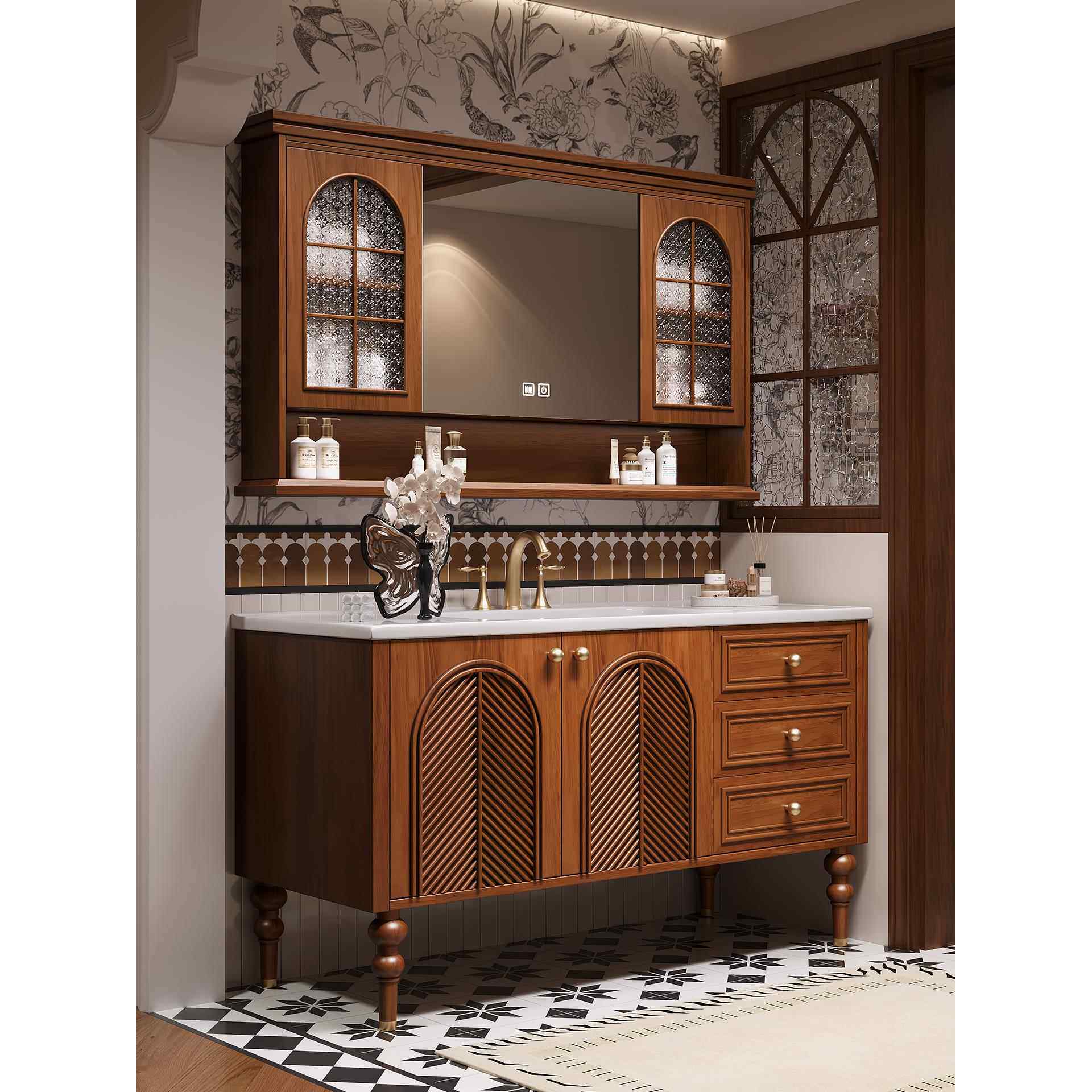 美式中古风橡木浴室柜组合卫生间洗漱台落地式洗手脸盆卫浴柜定制