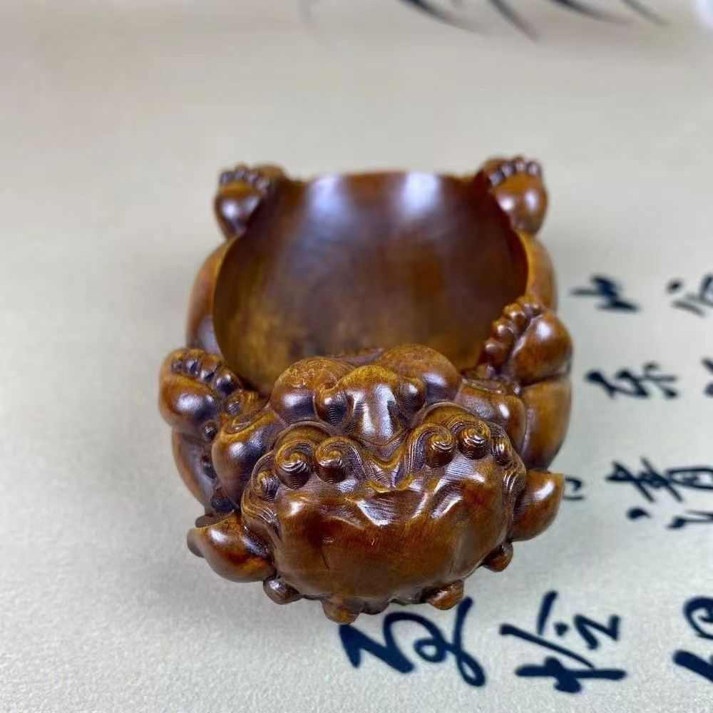 旧藏黄杨木雕仿古文玩把件貔貅簸箕茶勺茶具专用实木雕刻工艺品