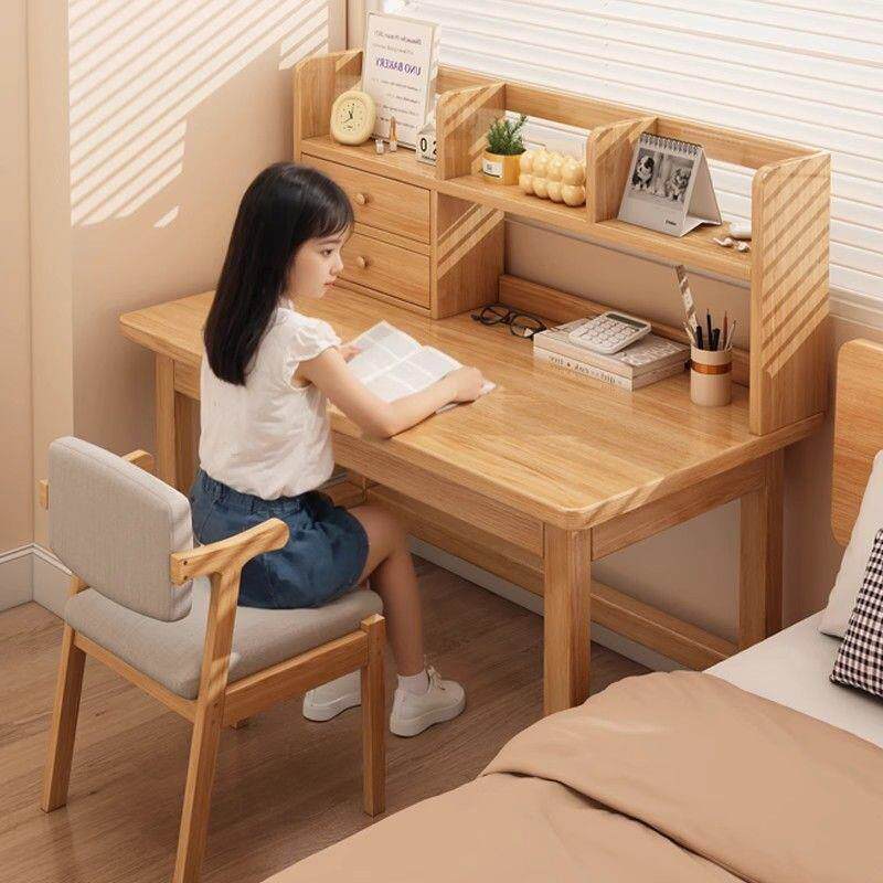 学生学习桌全实木书桌家用儿童学习桌简易书架一体桌小户型办公桌