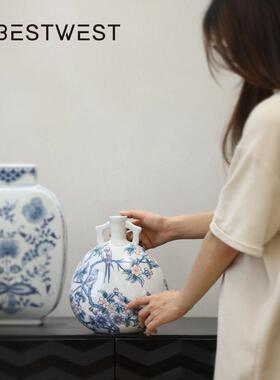 博西家居新中式复古双耳青花瓷陶瓷花摆件家居酒壶花器装饰品