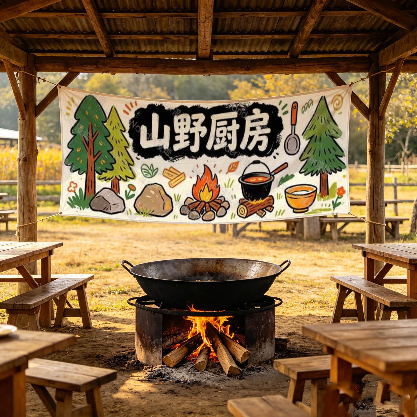山野厨房户外露营挂布度假村团建研学野炊主题横幅装饰背景布拍照