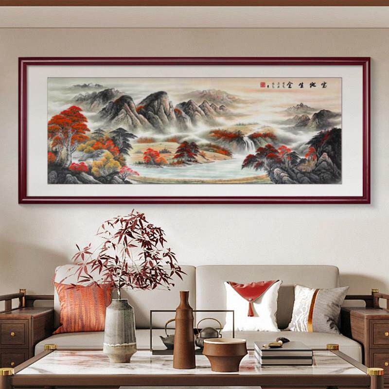 宝地生金国画山水画办公室挂画聚宝盆招财客厅装饰画靠山背景壁画