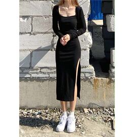 Show slim tight slit dress woman      显瘦紧身开叉连衣长裙女