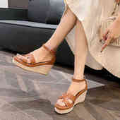 百搭坡跟凉鞋 10cm 露趾草编厚底防水台一字扣带超高跟鞋 女夏季 新款