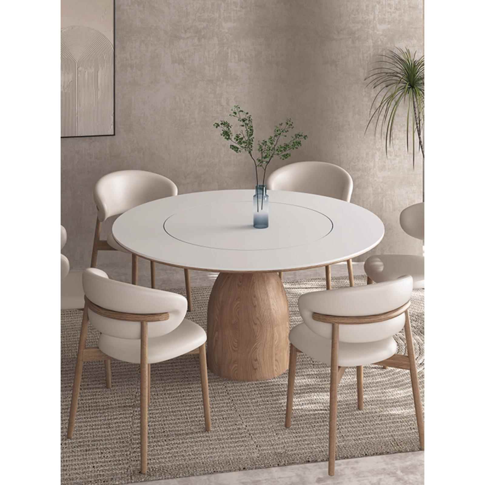 正品补原木岩板圆形餐桌家用带转盘白木色饭桌设国计师现代实圆桌