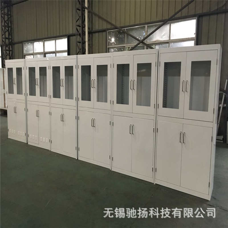 生产定制全钢器皿柜 上下两层 上玻璃下柜门 不锈钢合页 带积液盘