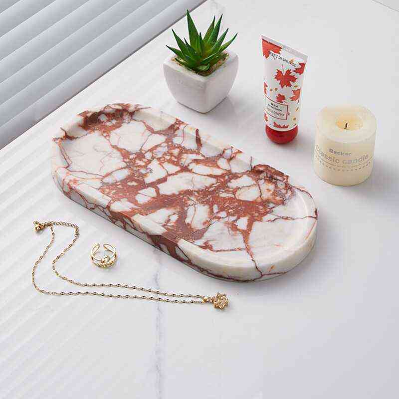 北欧宝格丽粉大理石托盘椭圆浴室香薰首饰样板房台面收纳置物摆件