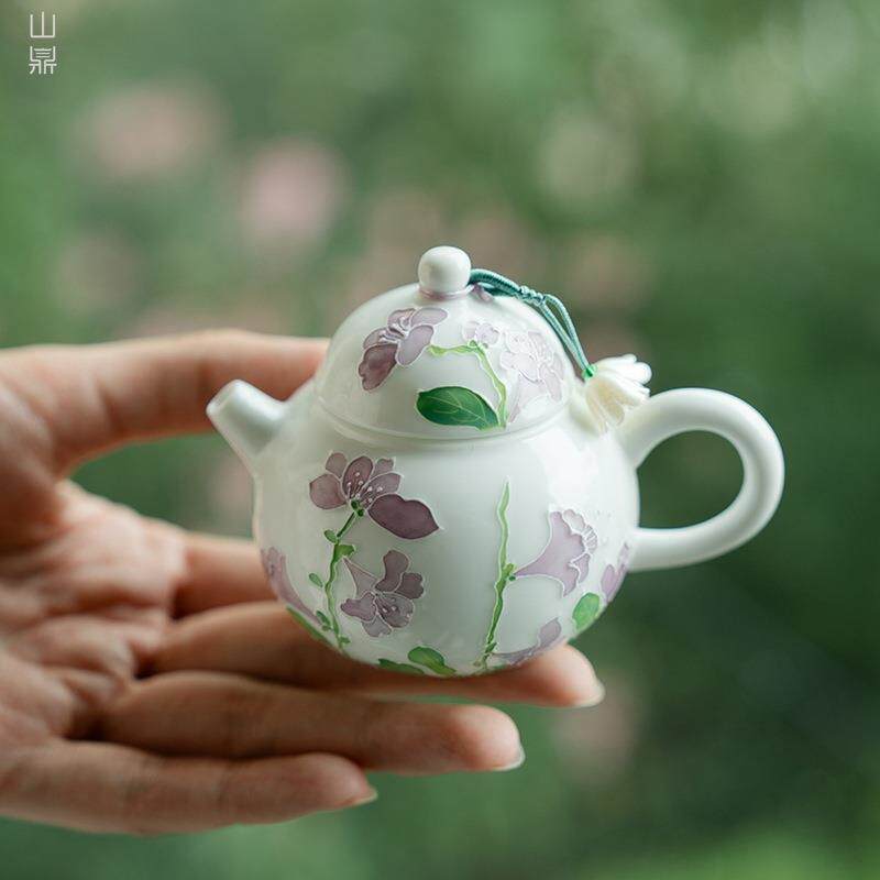手绘白瓷铃兰花茶壶家用陶瓷过滤手抓碗泡茶壶小清新中式泡茶器具