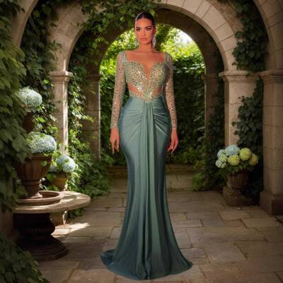 Women'S Elegant Lady Evening Dress, Long Sleeve, Beaded