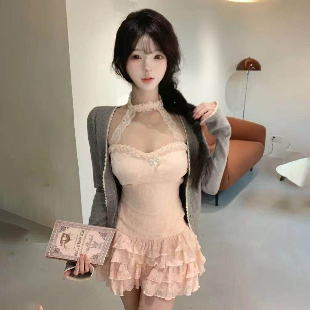 纯欲风辣妹性感挂颈抹胸吊带上衣蕾丝花边蛋糕短裙两件式套装女春